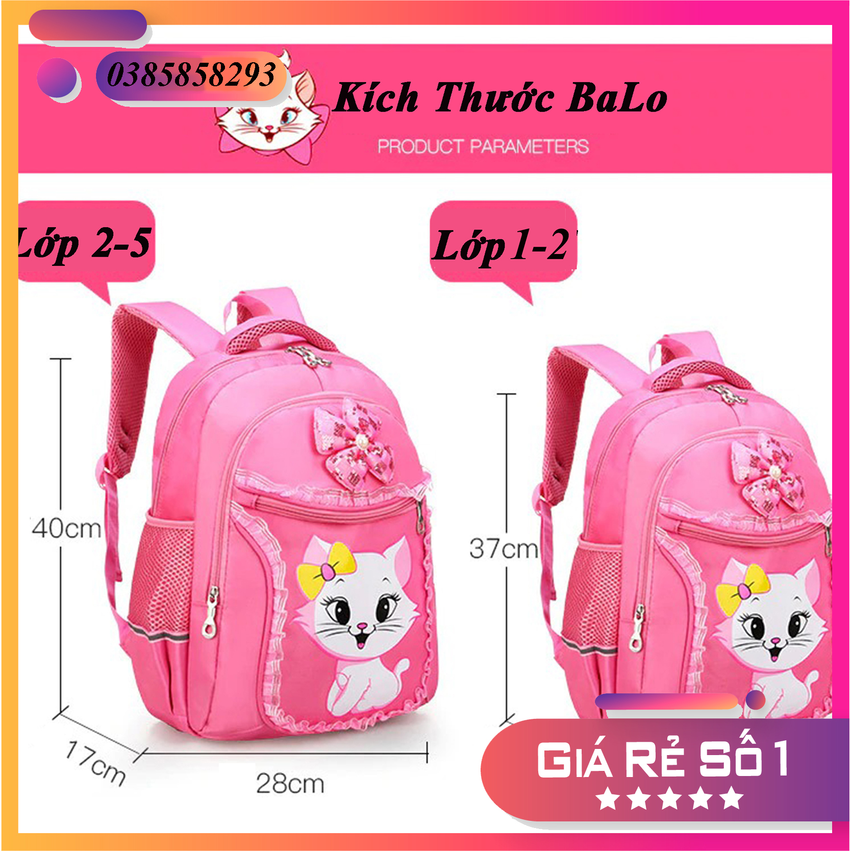 [2 SIZE - SIÊU SALE] Balo cho bé gái hình mèo dễ thương màu hồng siêu dễ thương chất liệu vải Polyester chống thấm chống nước cao cấp cặp sách cho bé gái cấp 1 tiểu học đi học