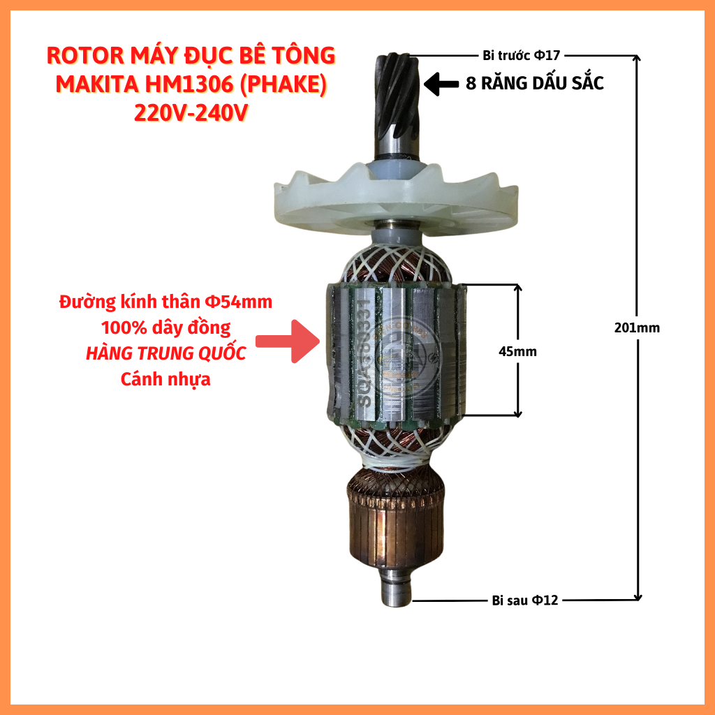 Rotor máy đục makita hm1306 8 răng trung quốc 220v - tặng chổi than