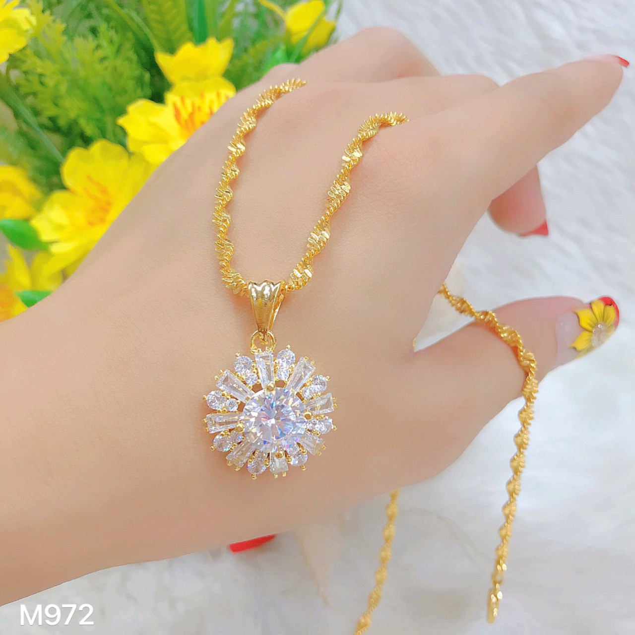 Dây chuyền nữ mạ vàng 18 k Dây xoắn mặt đính kim cương M4 1710, (Dây + Mặt)  dây chuyền nữ vàng 18