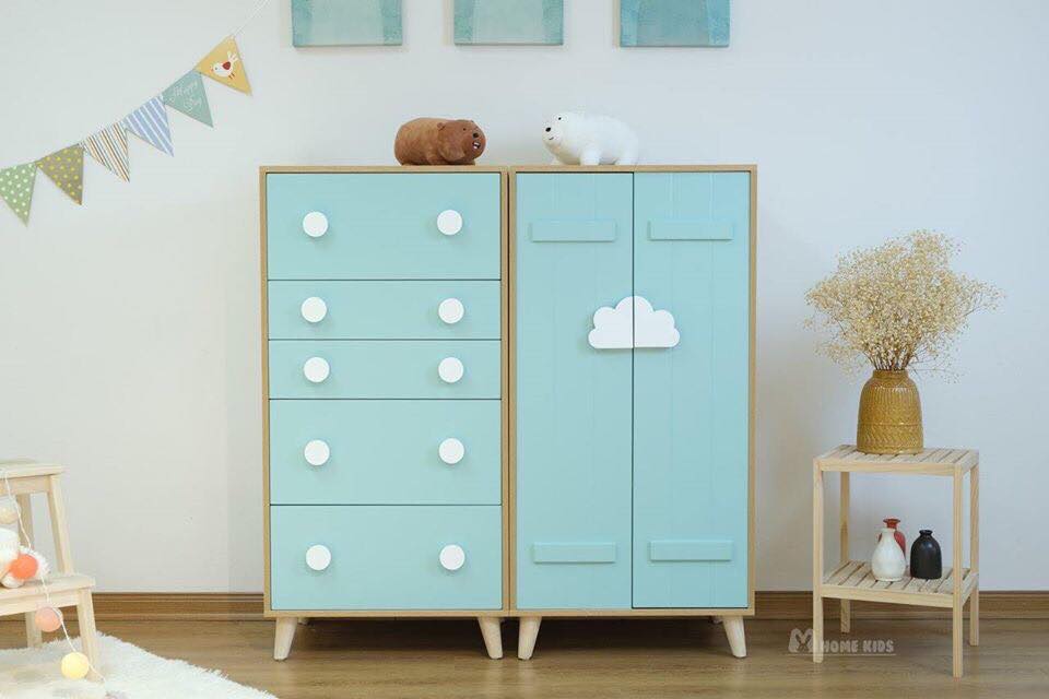 Set 2 tủ em bé gỗ - tủ ngăn kéo và tủ cánh mở mây xanh