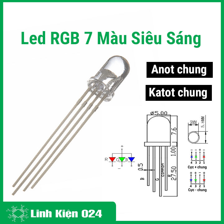 Led RGB 7 màu siêu sáng đường kính 5mm anot/katot