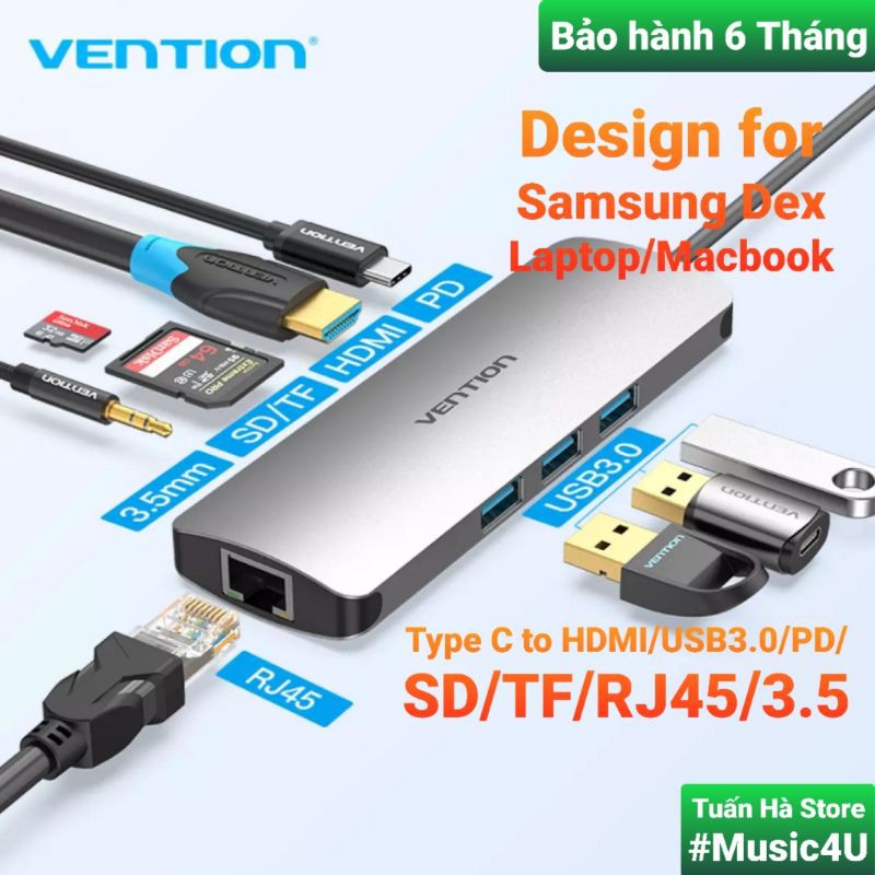 Bộ chuyển đổi hub 9 in 1 usb type c to sang hdmi 4k usb3.0 sd rj45 3.5mm vention ravpower cho samsung dex macbook