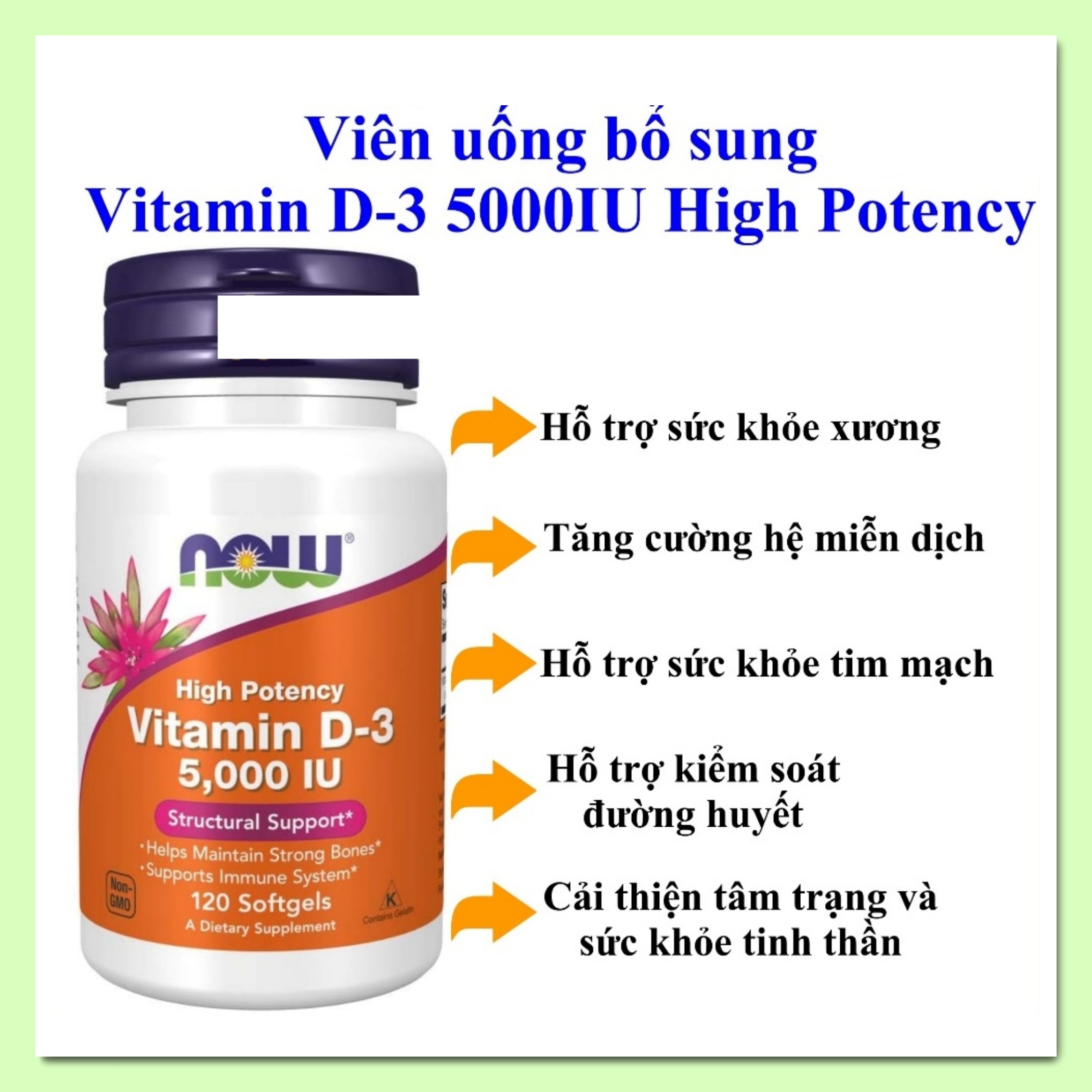 Viên uống Vitamin D3 2000IU / 5000IU High Potency Now hũ 120 viên [Hàng Mỹ]