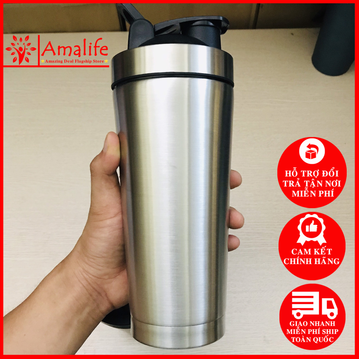 [Tặng Kèm Lắc Lò Xo - Màu Bạc] Bình Lắc Tập Gym Inox 304 800ml – Màu Bạc – Bình Đựng Nước Giữ Nhiệt Tập Gym Yoga Thể Thao Hãng Amalife