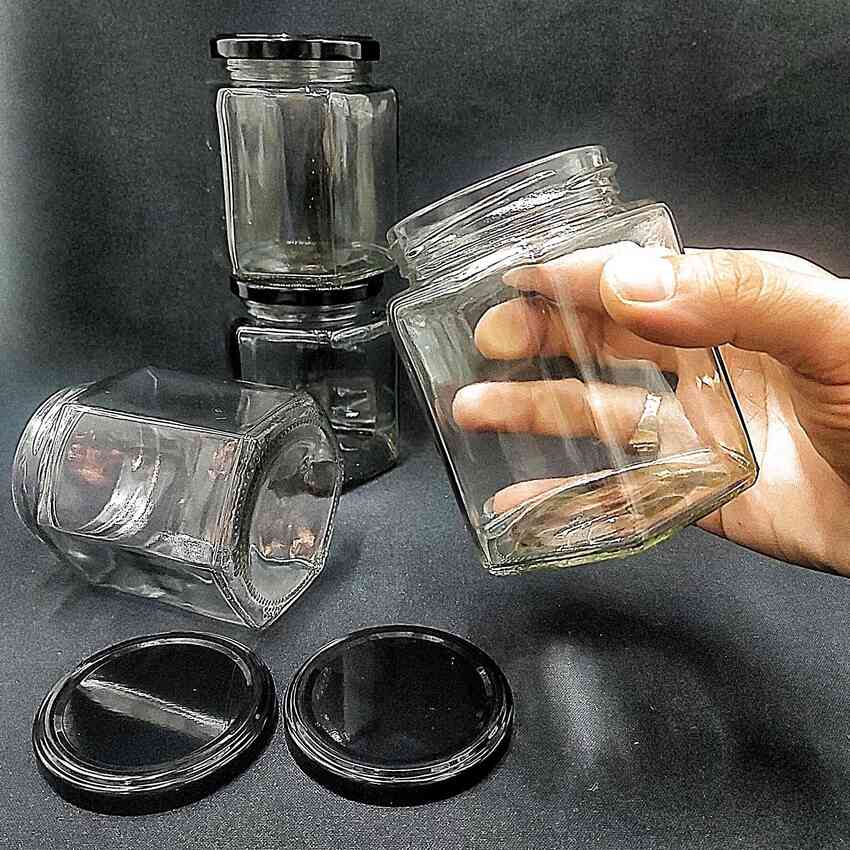 Hũ thủy tinh đựng gia vị 380ml mẫu lục giác nắp thiếc đen – hũ gia vị thủy tinh - lọ thủy tinh đựng yến chưng dầu dừa sữa chua