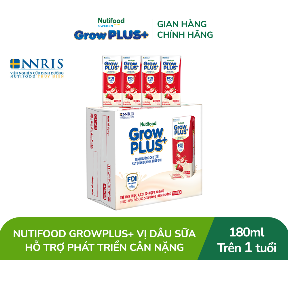 Thùng 24 hộp Sữa bột pha sẵn Nutifood GrowPLUS+ Vị Dâu Sữa hộp 180ml - Hỗ trợ phát triển cân nặng (24 hộp x 180ml)