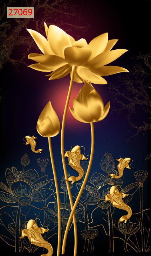 Tranh dán tường hoa sen 3D in trên chất liệu lụa cao cấp