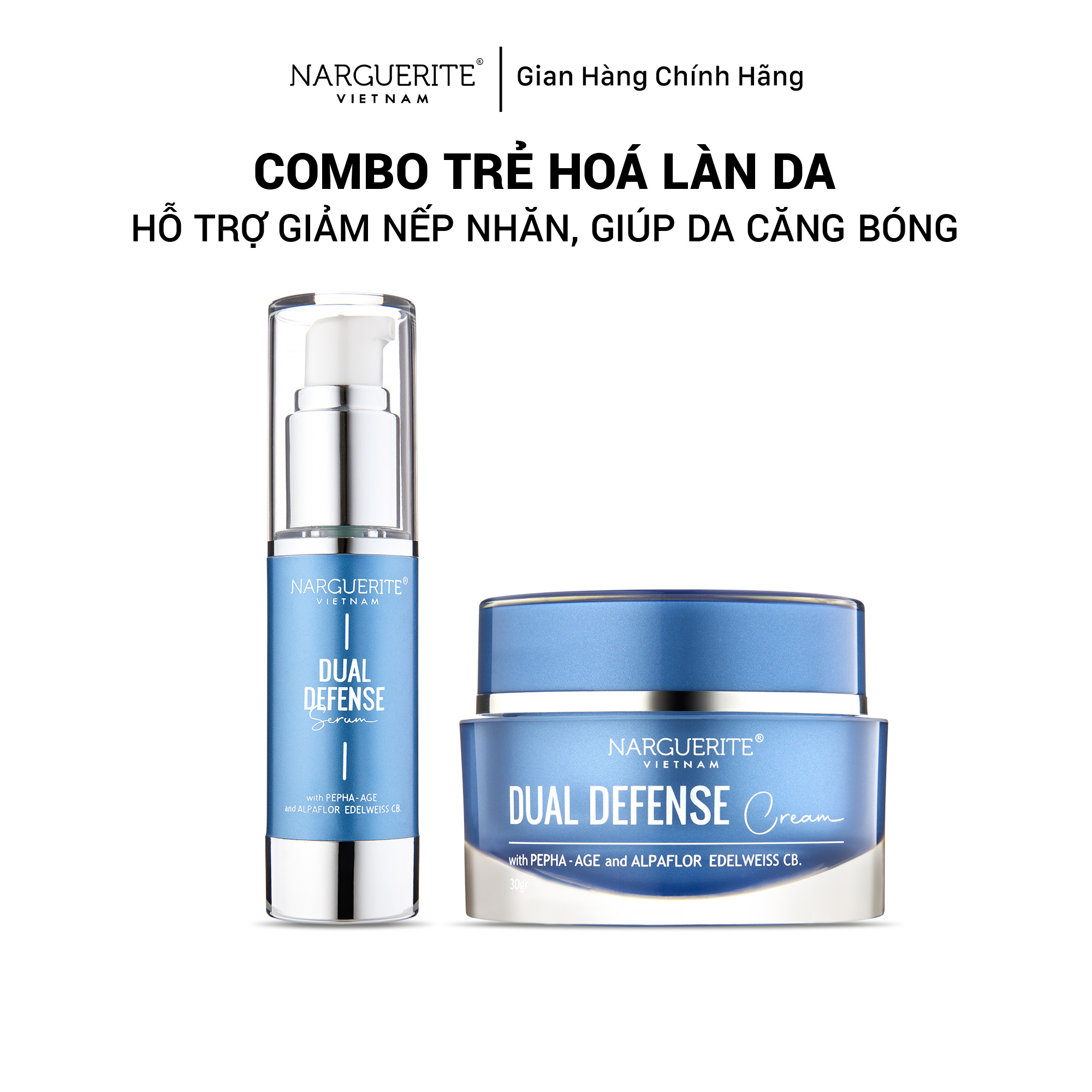 Combo Serum và Kem dưỡng trắng ngừa lão hoá da Narguerite Dual Defense