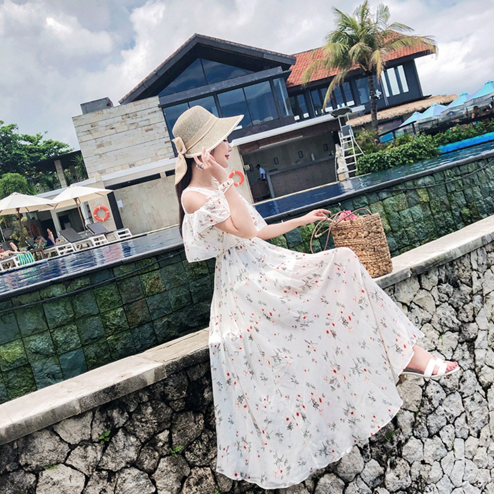 Váy maxi đi biển liền thân, hở vai xoè rộng