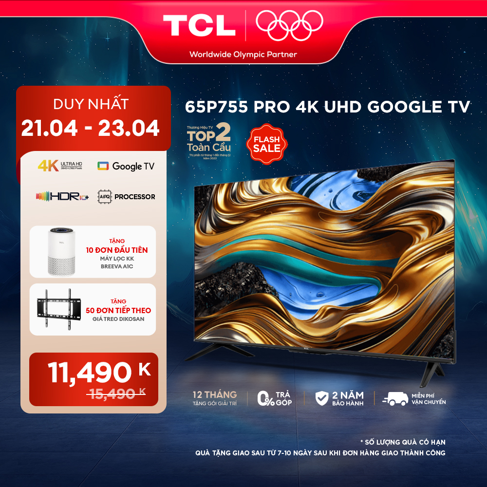 [ 21-23/4 MEMBER DAY SALE 11490K TẶNG 10 ĐƠN ĐẦU TIÊN MLKK BREEVA A1C - 50 ĐƠN TIẾP THEO GIÁ TREO TV CHO DÒNG TV &gt;65INCH ] Google Tivi TCL 4K 65inch 65P755 PRO - Tivi 65 inch - Hàng chính hãng - Bảo hành 2 năm