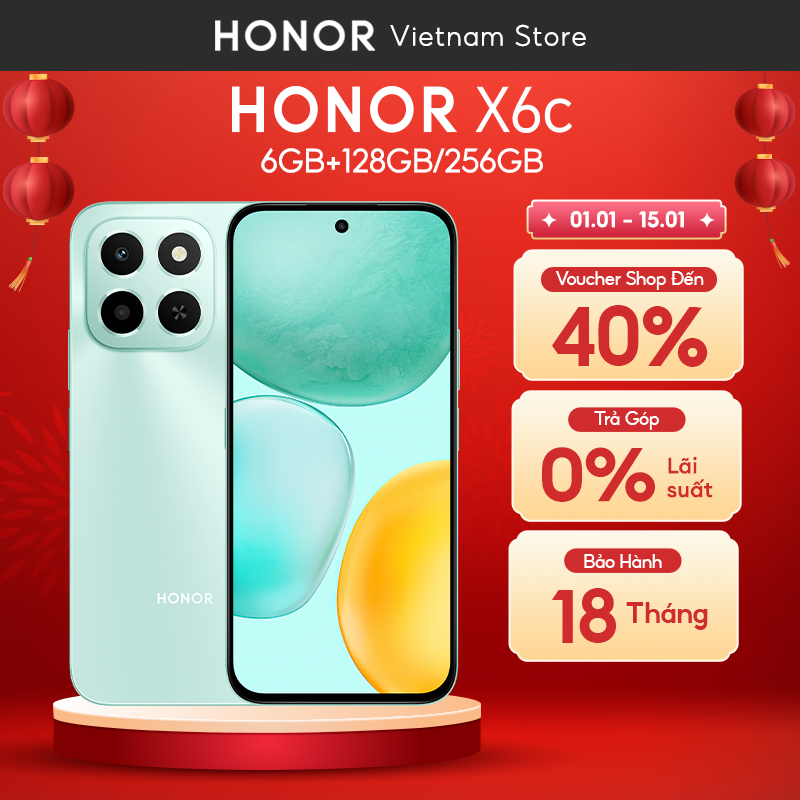  Điện Thoại Di Động Honor X6c 6GB + 128GB 256GB | Pin 5300mAh | Camera 50MP| NFC | Kháng nước IP64 | BH 18 Tháng 