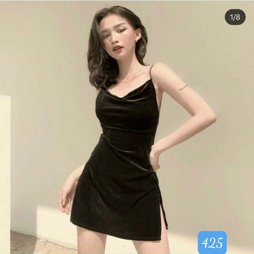 Váy Đầm Nữ Body -  Đầm Nhung 2 Dây Body Dáng Dài Hở Lưng Co Giãn Màu Đen Phong Cách Gợi Cảm, Sexy Siêu Đẹp.