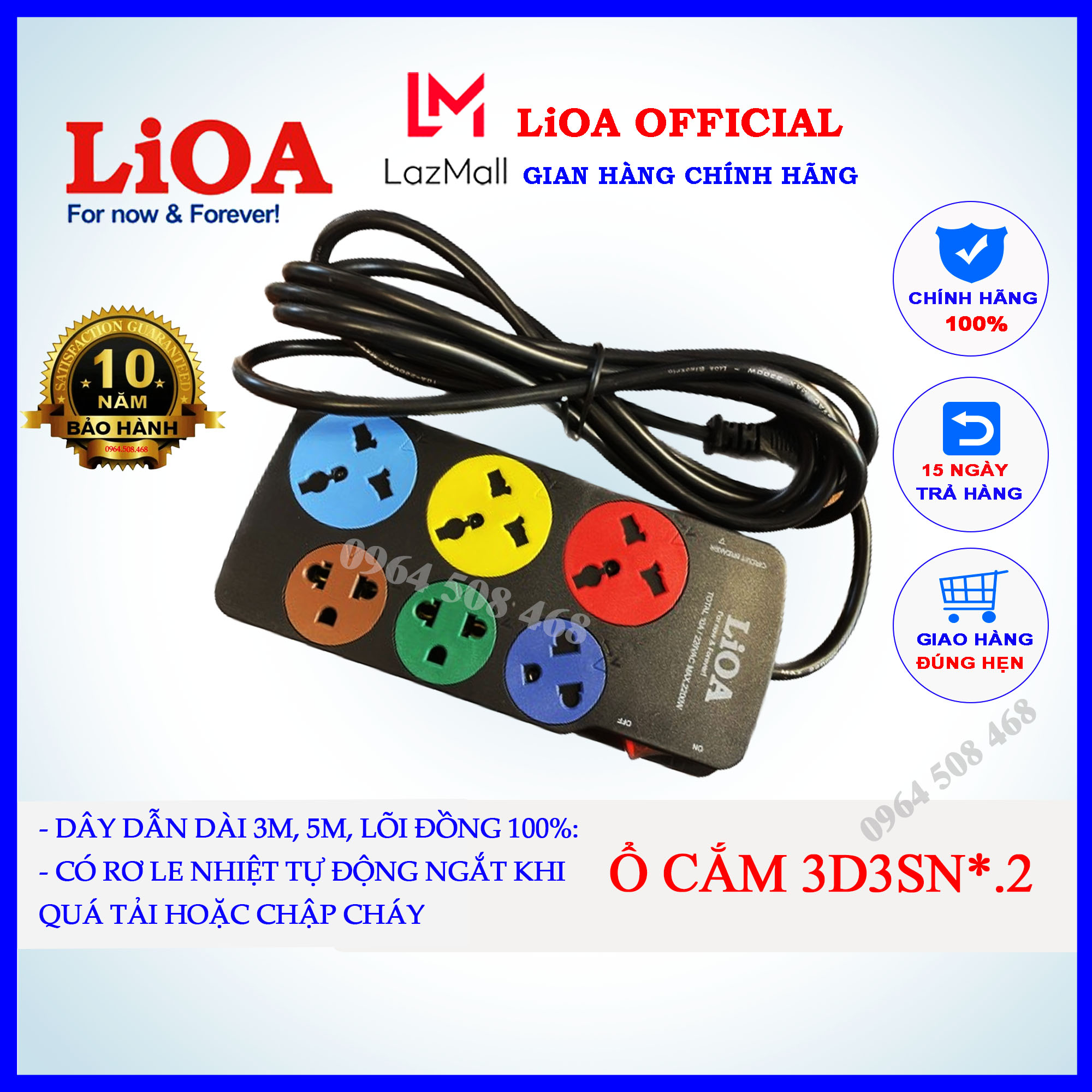 Ổ cắm Lioa 6 ổ dây 3 mét hoặc 5 mét, có rơ le nhiệt chống quá tải chập cháy