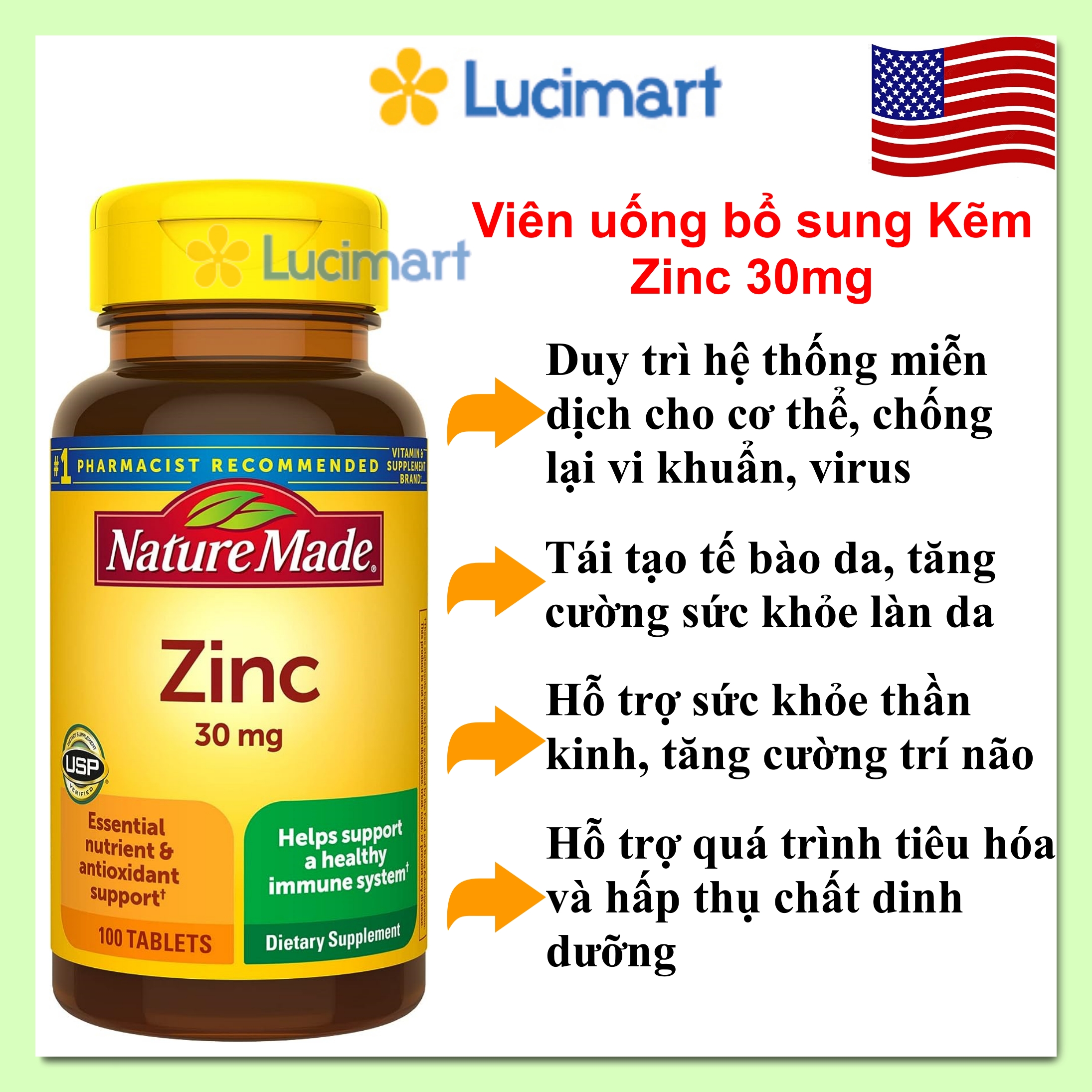 Viên uống bổ sung Kẽm Zinc 30mg Nature Made [Hàng Mỹ]