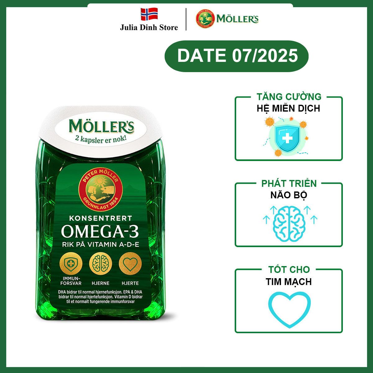 Dầu cá Omega 3 và Vitamin A, D, E MOLLERS nội địa Na Uy - hộp 112 viên