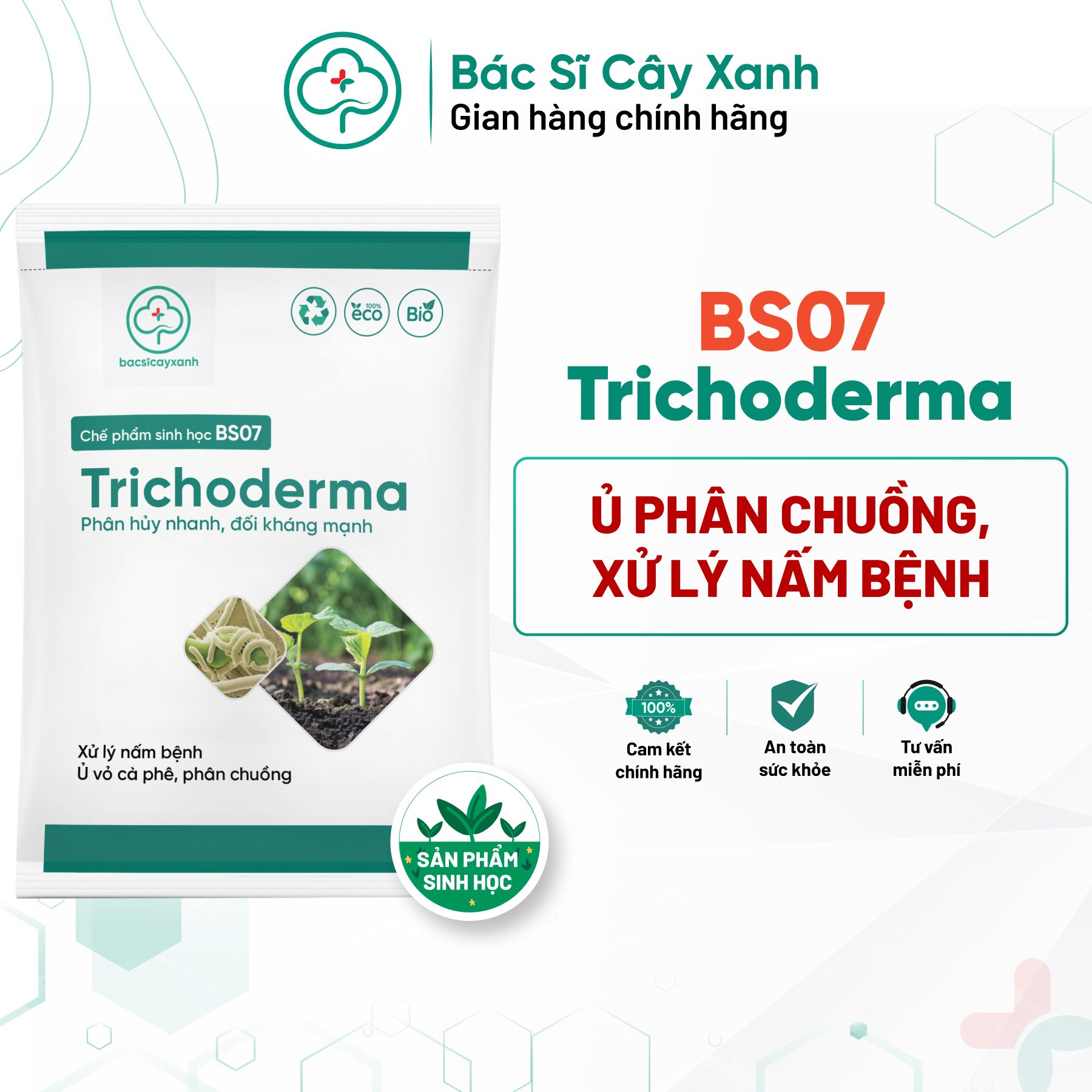 Trichoderma Chế phẩm ủ phân, phân huỷ vỏ cà phê, diệt nấm đối kháng, mầm bệnh trong đất BS07 1kg NSX Bacsicayxanh