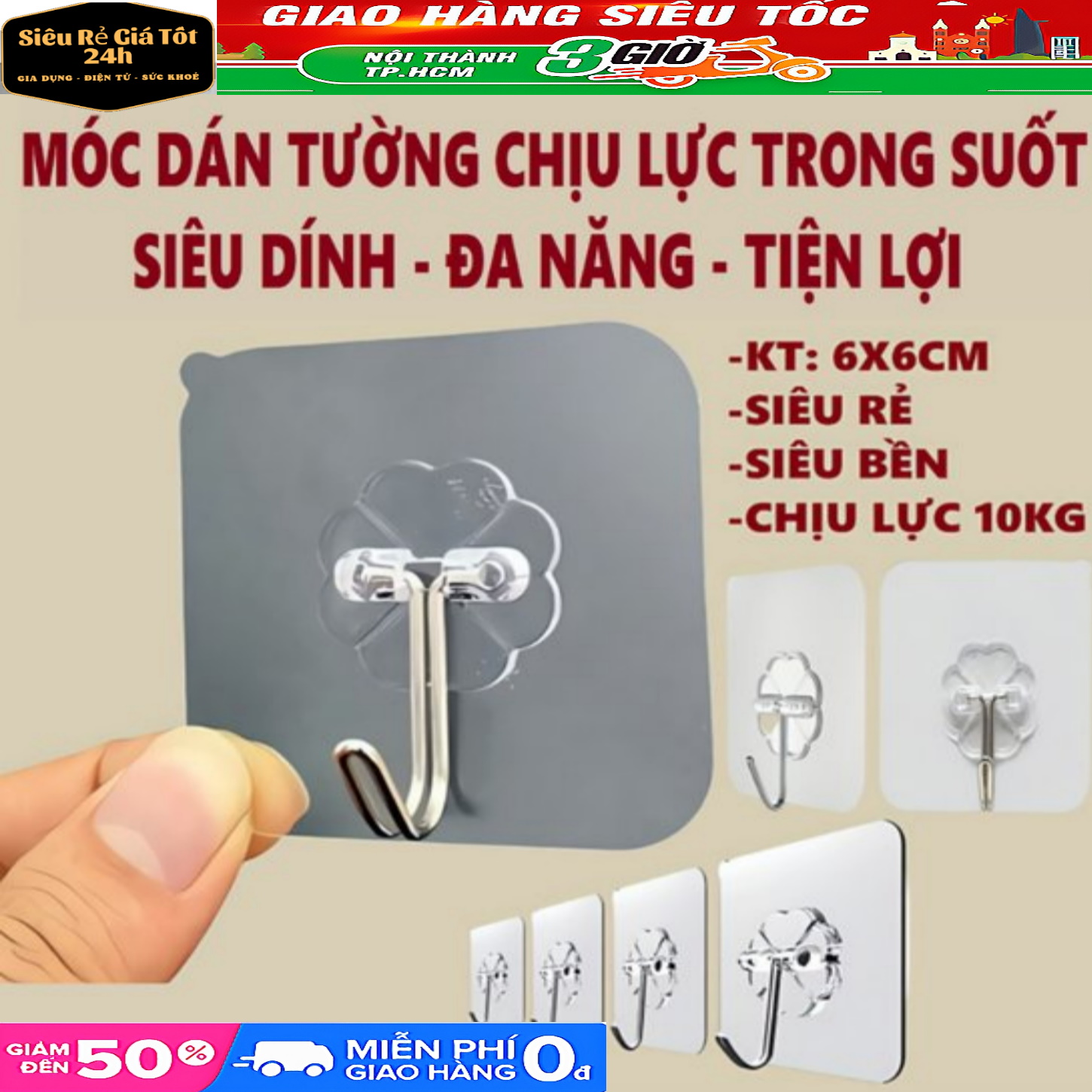 MÓC TREO ĐỒ TRONG SUỐT SIÊU DÍNH 10 MÓC