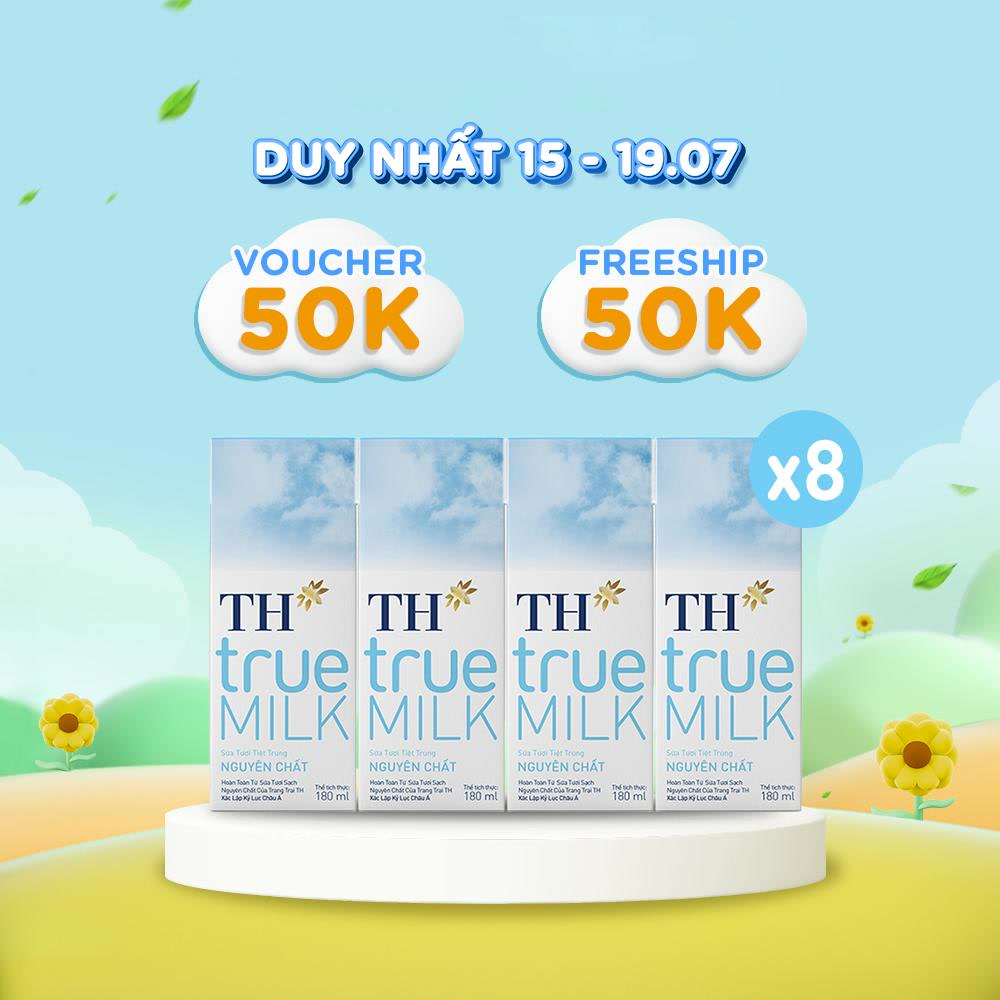 8 Lốc sữa tươi tiệt trùng nguyên chất TH True Milk 180ml (180ml x 4 hộp)