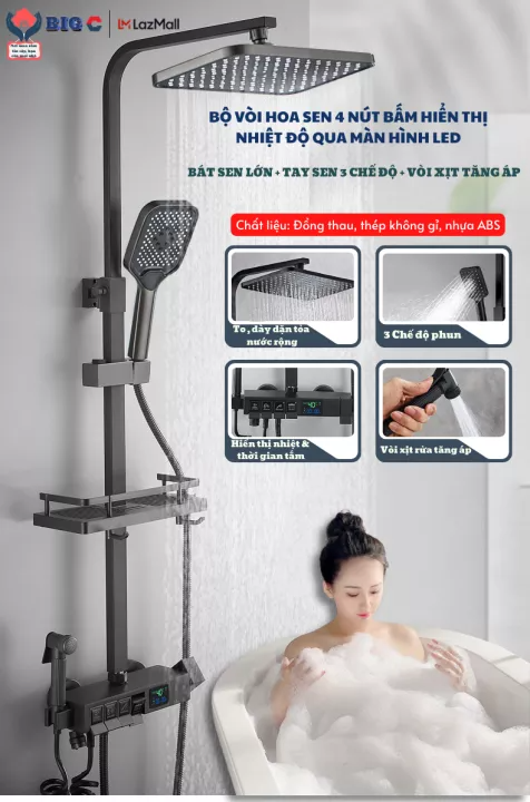 Vòi sen tắm, vòi sen, vòi hoa sen, sen tắm, sen cây - bộ sen cây tắm đứng, bộ sen vòi tắm led mạ titan xám 4 phím đàn - hàng nhập khẩu italia - bảo hành 12 tháng