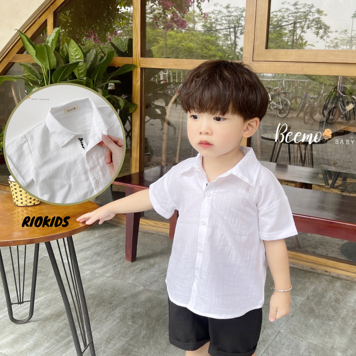 BE81 Áo sơ mi trắng cộc tay cho bé trai BEEMO thêu chữ lịch lãm đi chơi đi học