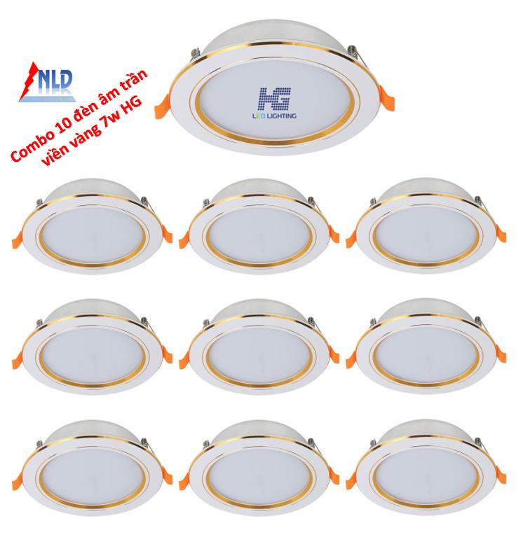 Combo 10 bộ đèn led âm trần viền vàng 7w 3 màu 3 chế độ HG