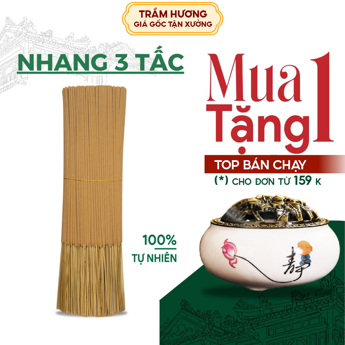 Nhang 3 tấc Không Nhuộm Chân Trầm Hương Huế Xưa Xông Nhà, Văn phòng, Nhang trầm sạch, Nhang thơm