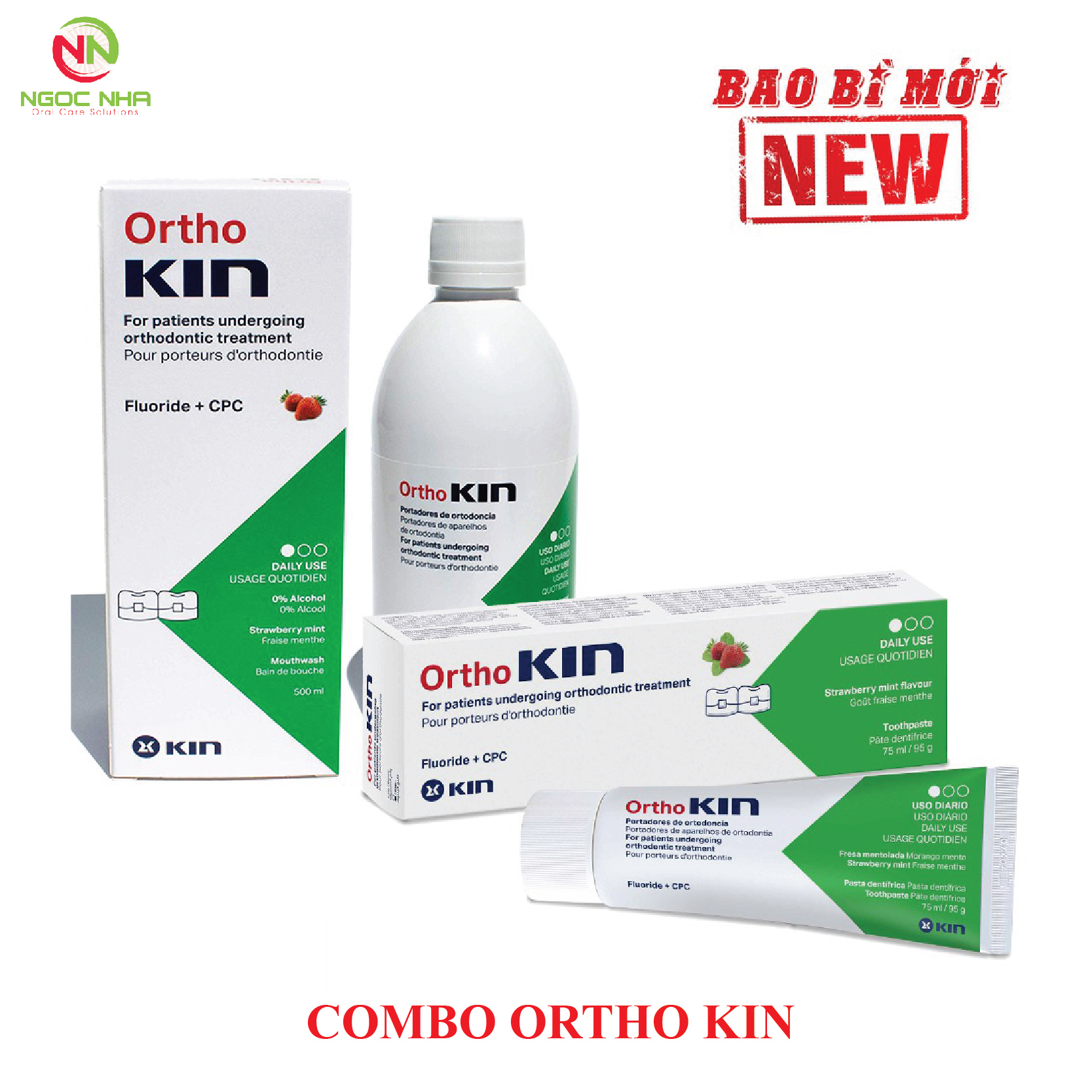 Combo kem đánh răng 75ml và nước súc miệng ORTHO KIN 500ml cho răng chỉnh nha, răng niềng