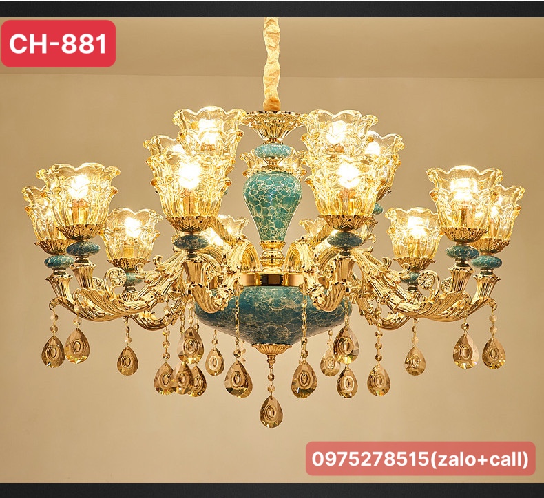 Đèn Chùm 15 Tay CH-881 Đá Xanh Mang Lại Vẻ Đẹp Cực Kì Sang Trọng Phù Hợp Với Trang Trí Phòng Khách, Nhà Hàng,  Khách Sạn, Quán Cafe, Karaoke...[ TẶNG KÈM BÓNG LED VÀ BẢO HÀNH 10 NĂM]