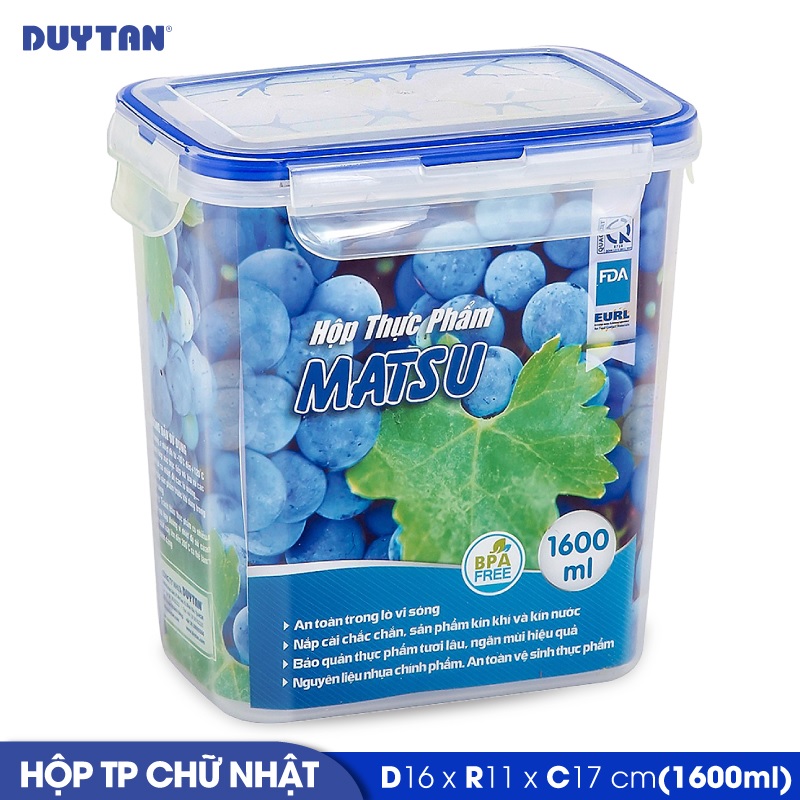 Hộp đựng thực phẩm chữ nhật nhựa DUY TÂN Matsu 1600ml (11 x 16 x 17 cm) - 03215