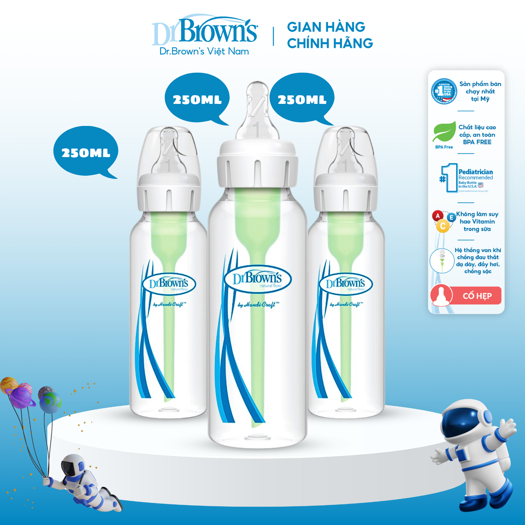 Bộ 3 bình sữa Dr.Brown's cổ hẹp dòng Option + có dung tích 250ml