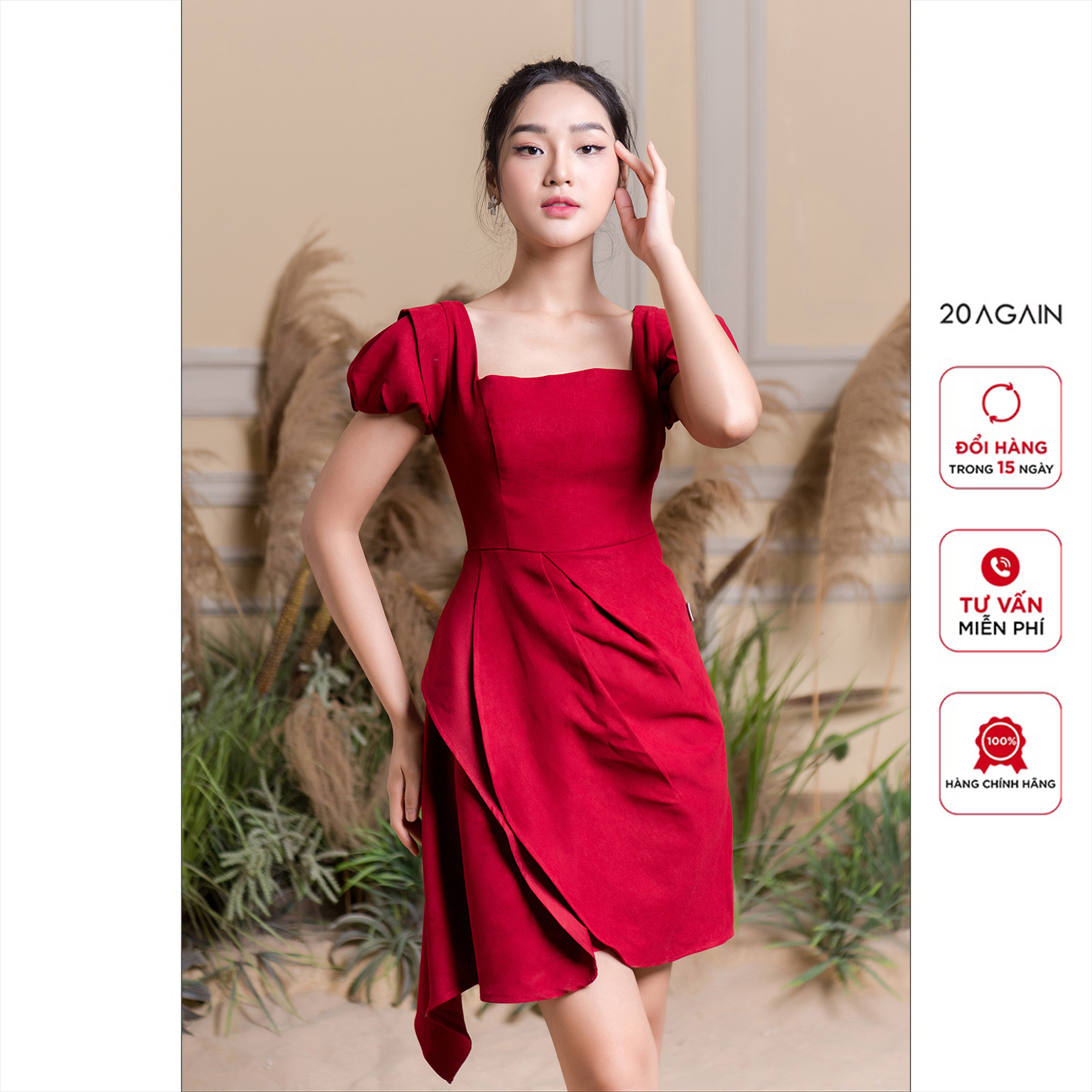 Đầm ôm cổ vuông ngắn tay 20 again, thiết kế eo cách điệu dea1544