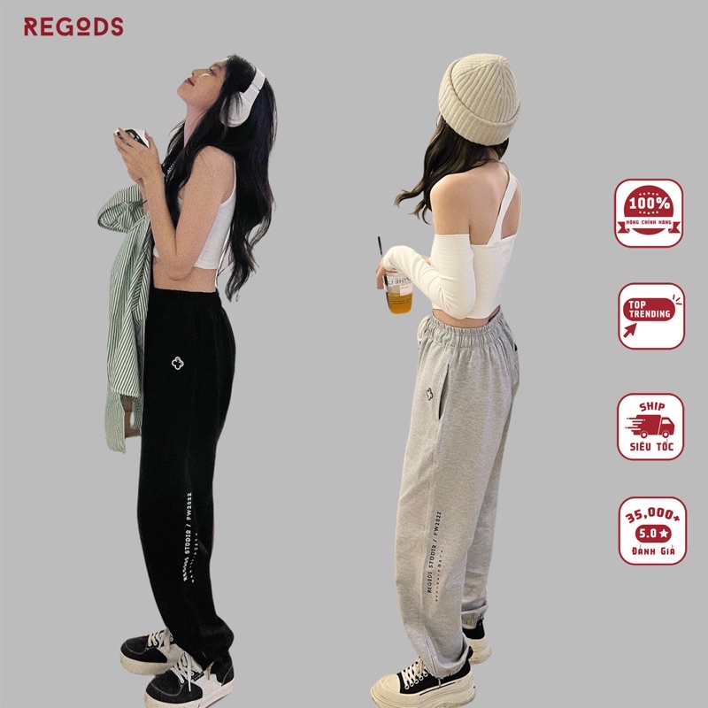 Quần dài ống rộng thêu REGODS form rộng unisex nam nữ lưng chun - SweatPants ss2