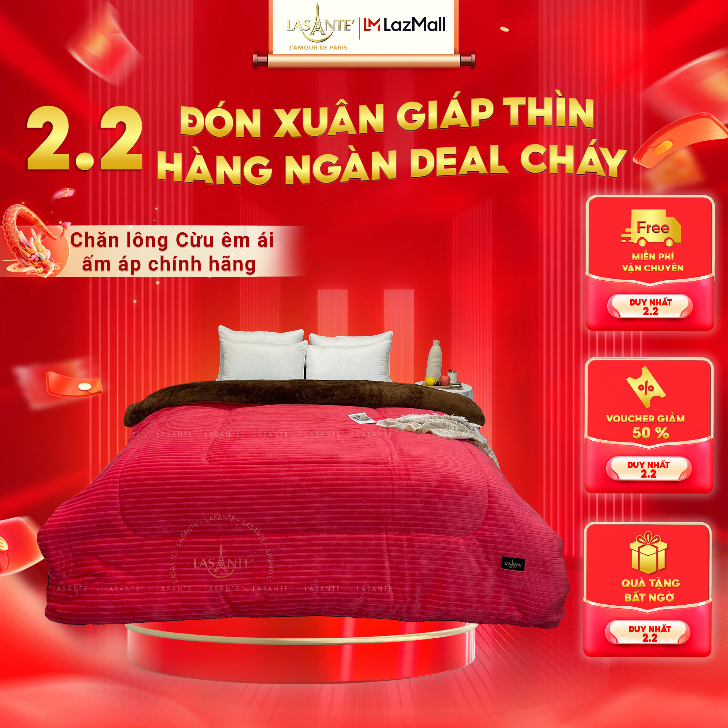 Chăn lông cừu êm ái ấm áp chính hãng Lasante Pháp - Ruby