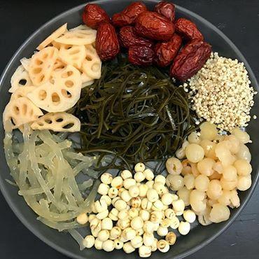 Nguyên liệu nấu sâm BỔ LƯỢNG 1.8KG ( gồm 9 món : phổ tai , rong sụn gai , nhãn lục , bo bo, hạt sen , nấm tuyết , táo , nho , đường phèn )