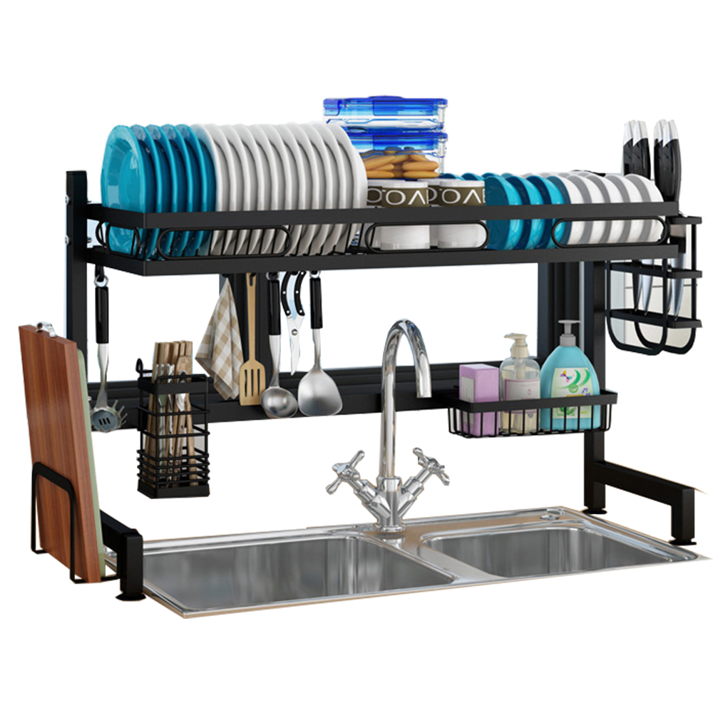 Kệ để chén bát đa năng thép carbon - giá để bát đũa sơn sần tĩnh điện đen chống bám bẩn, kệ để chén đĩa 2 tầng thông minh để trên bồn rửa