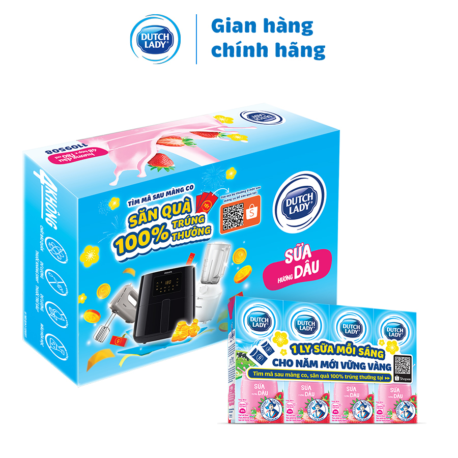 Thùng 48 hộp sữa tiệt trùng hương dâu Cô gái hà lan - Dutch Lady 180ml