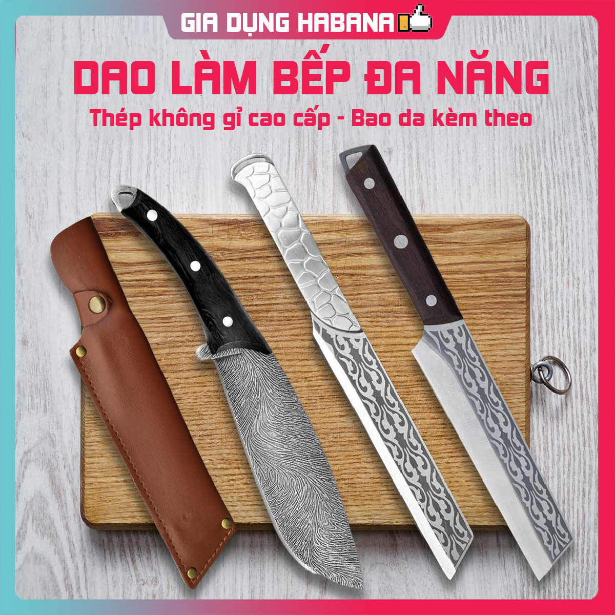 Dao nhà bếp, dao làm bếp đa năng long tuyền dao chặt thái thép nguyên khối dao dài 33.5cm có bao da bảo vệ dao