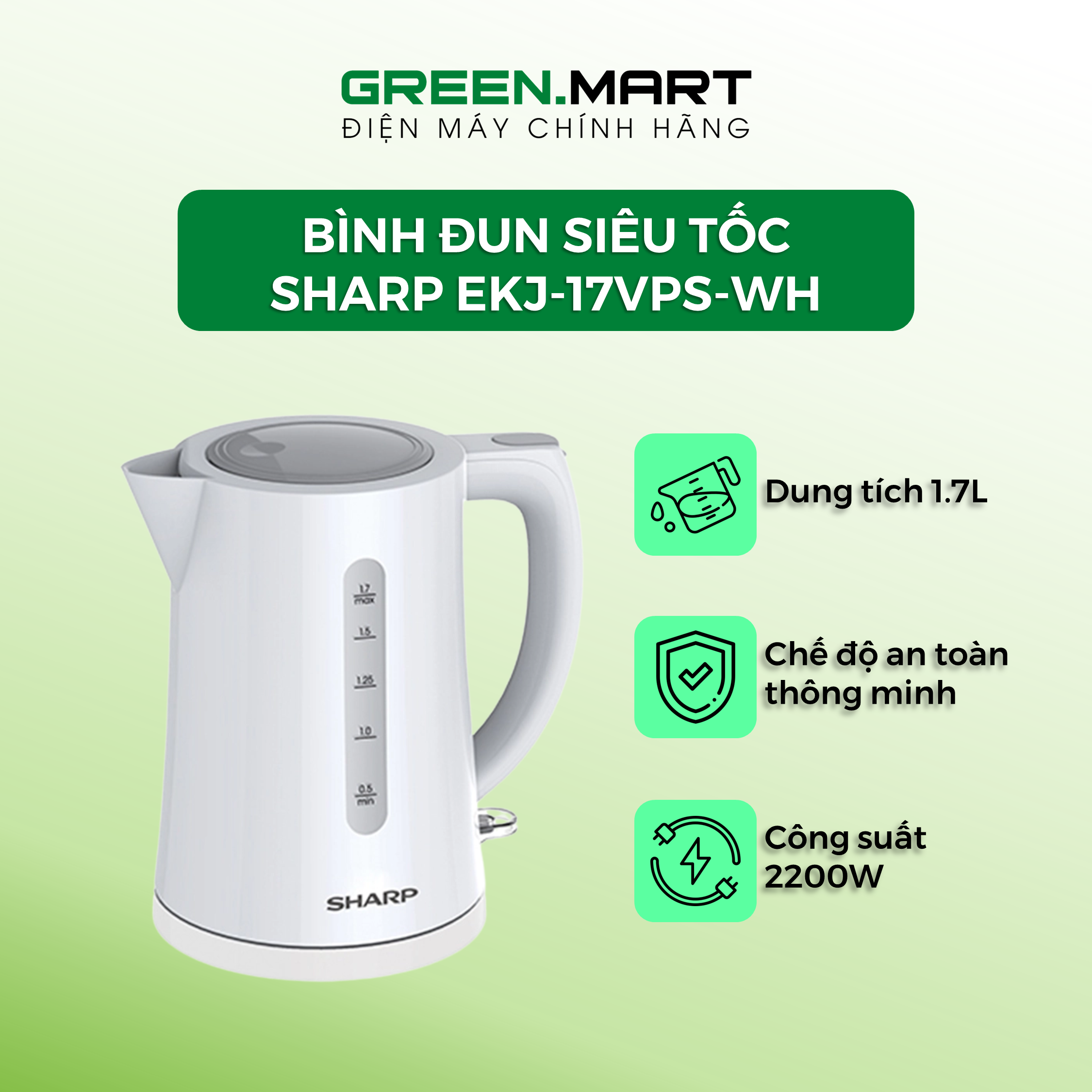 Ấm siêu tốc bình đun nước 1.7 lít sharp ekj-17evps, ekj-17vps, ekj-17vss 1.7l vỏ 2 lớp công suất 1850-2200w
