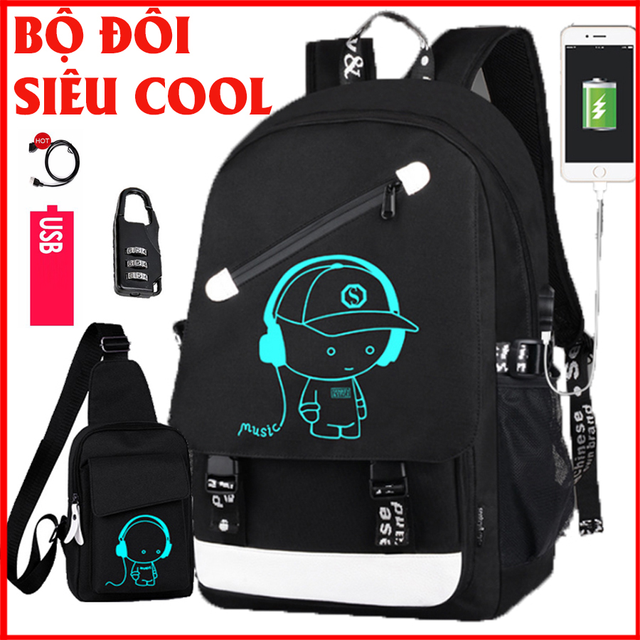 Combo Balo Trạng Nguyên Senkey Style, Balo nam nữ đi học dạ quang phát sáng hình BOYMUSIC cực Cool Ngầu + Túi đeo chéo dạ quang siêu Cute - BL18, Cặp học sinh HOT 2022