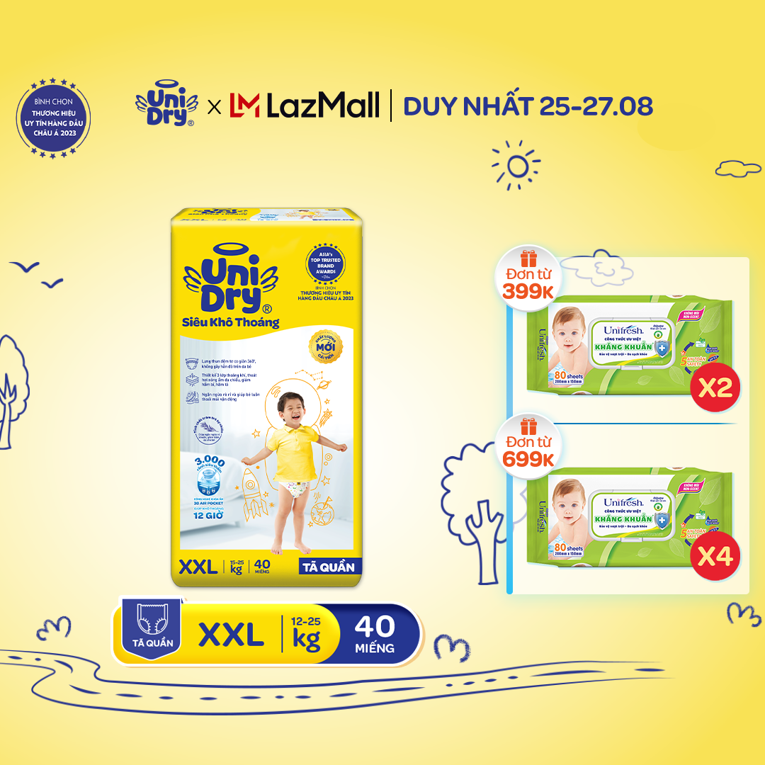 [HỎA TỐC]Tã quần UniDry Siêu khô thoáng gói Jumbo mới size L52/XL44/XXL40