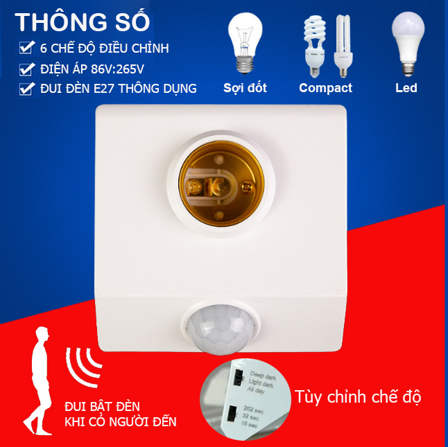 Đuôi đèn cảm ứng chuyển động hồng ngoại E27, đui đèn cảm biến hồng ngoại đui đèn cảm biến chuyển động đui đèn điều khiển từ xa TÙY CHỈNH BẰNG NÚT GẠT