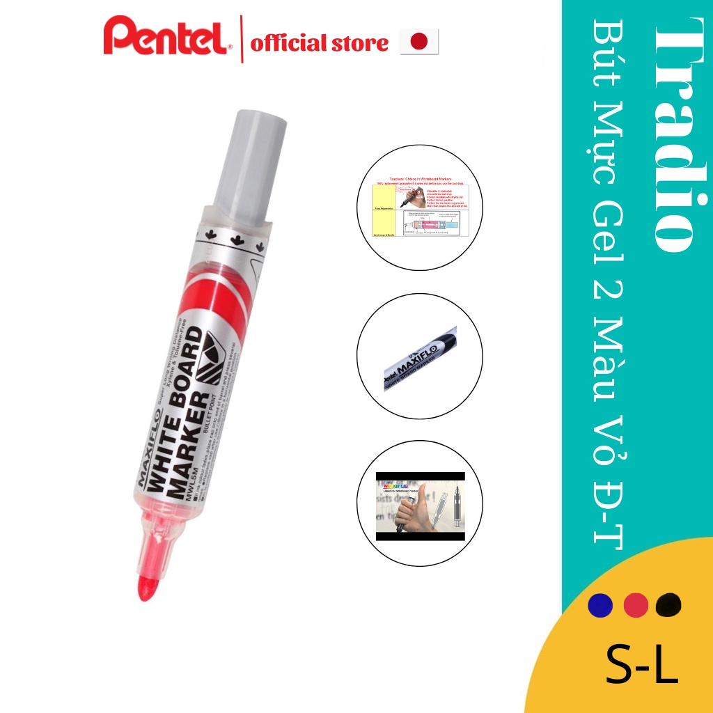 Bút lông bảng đầu tròn nhật bản pentel maxiflo mwl5m - bút không chứa cồn, mực ra đều, có thể viết ở tư thế dốc ngược