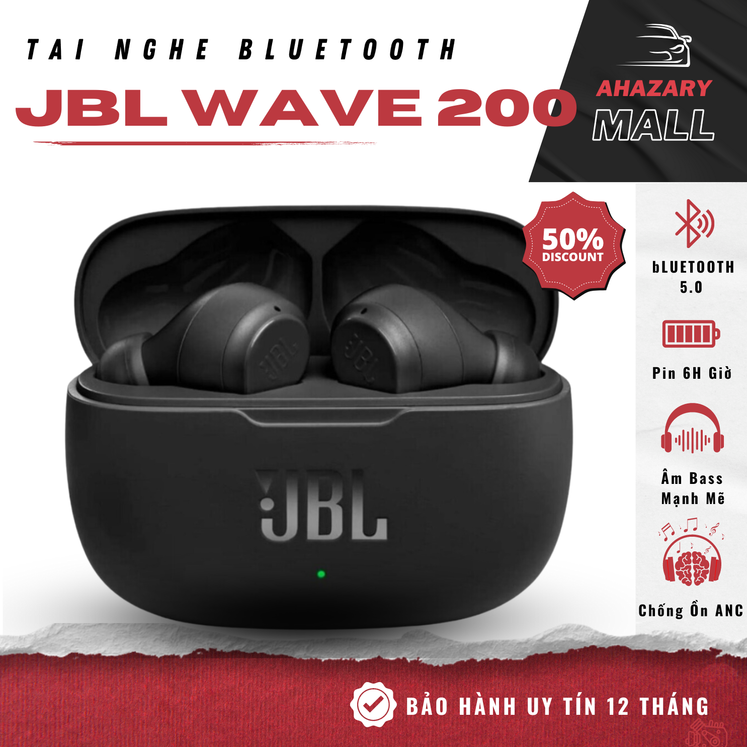   3-13.9 voucher 8%  Tai Nghe Bluetooth JBL Wave 200  Bluetooth 5.0  Âm bass mạnh mẽ Chống ồn ANC Chuẩn âm thanh,kháng nước tốt 