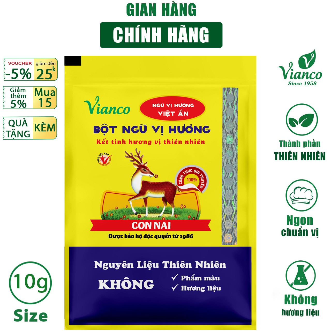 Gia vị ướp thịt Ngũ Vị Hương Vianco gói 10g Hiệu Con Nai các món chiên kho nướng gia vị nêm sẵn chuẩn vị