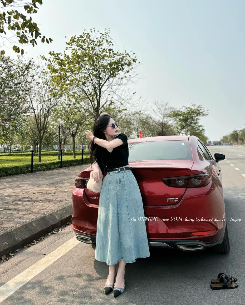 Chân váy jean dài xếp ly xòe đẹp