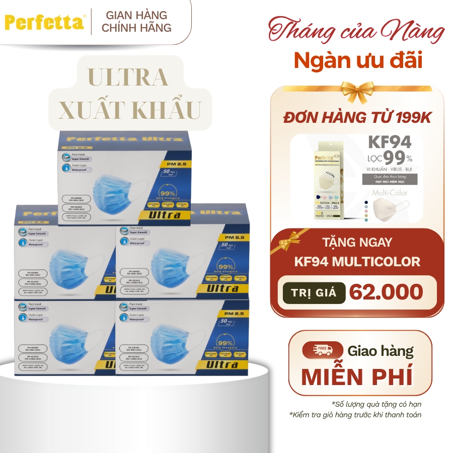 (TẶNG KF94 ĐH 199K) Combo 5 Hộp Khẩu Trang Y Tế 4 Lớp Perfetta Ultra Xuất Khẩu (50 cái/hộp)