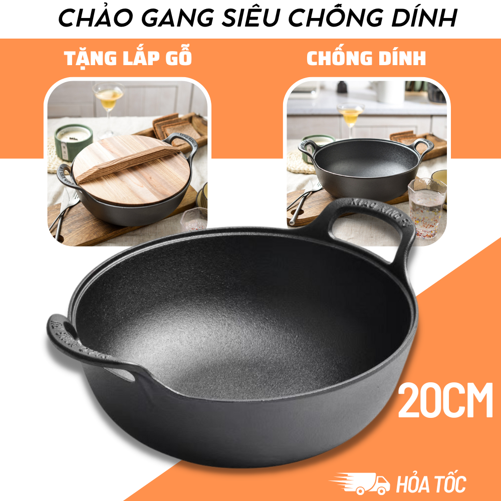Chảo gang siêu chống dính lòng sâu tặng kèm nắp gỗ,chảo chống dính cao cấp,nồi gang kèm nắp gỗ,chảo đa năng,chiên xào,rán,nồi lẩu mini gia đình có lớp chống dính tự nhiên, tai thỏ cầm tiện ích dùng cho tất cả các loại bếp