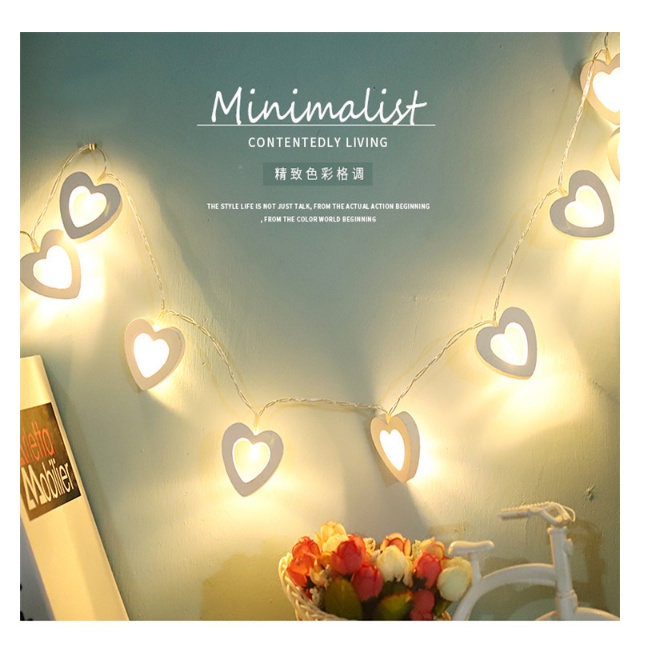Dây đèn led hình trái tim gỗ 3 mét 20 tim màu vàng nắng ấm áp trang trí