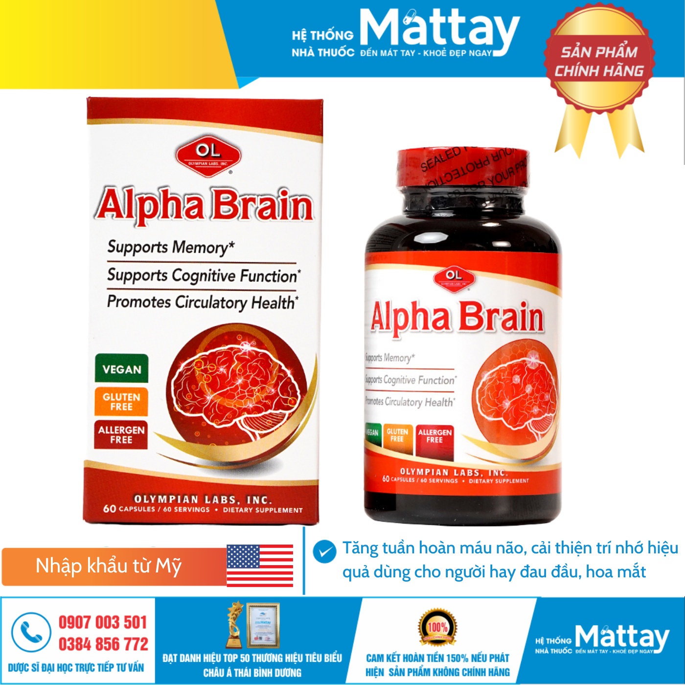 Alpha Brain Olympian Labs Mỹ tăng cường tuần hoàn máu não cải thiện trí nhớ, phòng teo não, đột quỵ