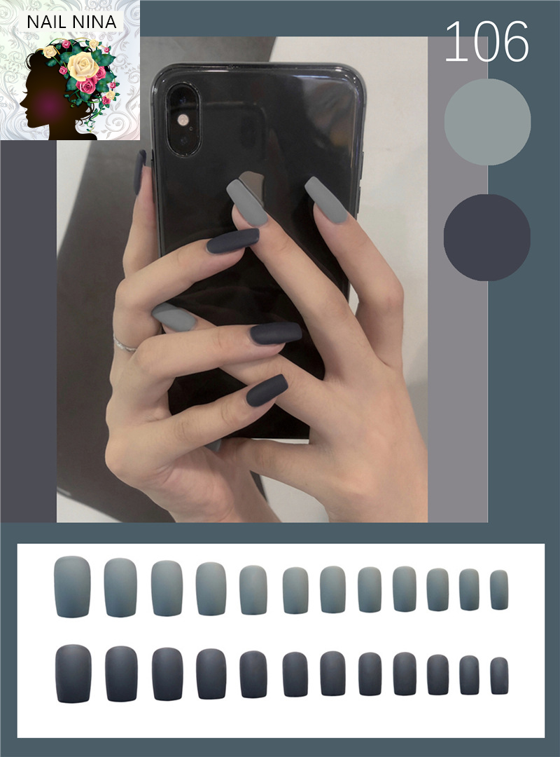 Bộ móng tay giả Nail Nina trang trí nghệ thuật hoạ tiết màu đôi xám đen mã 106【Tặng kèm dụng cụ lắp】
